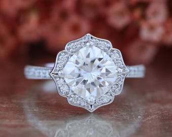 2.65 Ct Large Moissanite Diamond Ring 14k White Gold Halo Diamond Moissanite Engagement Ring Certified Cushion Moissanite Ring (Resizable)