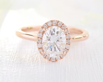 Half Eternity Wedding Dainty Ring Rose Gold Ring For Women Round Cut 7mm Moissanite Ring Halo Moissanite Ring 14K Gold Engagement Ring