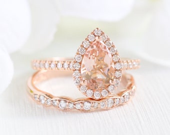 Rose Gold Morganite Bridal Set Pear Morganite Engagement Ring and Matching Diamond Wedding Band, Halo Ring Set, Platinum, Yellow, White Gold