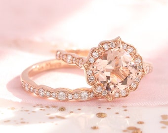 Bridal Set Vintage Floral Morganite Engagement Ring and Scalloped Diamond Wedding Band in 14k Rose Gold 8x8mm Cushion Pink Morganite Ring