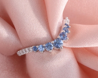 Natural Aqua Blue Sapphire Pave Diamond Band in 14k White Gold Curved Wedding Ring, Round Sapphire and Diamond Ring