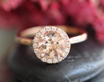 Natural Morganite Ring in 14k Rose Gold Halo Diamond Morganite Engagement Ring Round Peach Morganite Wedding Ring Stack (Resizable)
