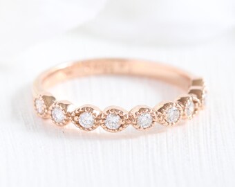 Vintage Style Diamond Band in 14k Rose Gold Milgrain Band, Half Eternity Diamond Wedding Ring, April Birthstone Ring In Stock (Resizable)