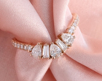 Pear Diamond and Baguette Ring in 14k Rose Gold Curved Pave Band, Natural Diamond Contour Wedding Ring, U Shaped Ring