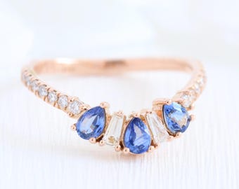 Pear Sapphire and Baguette Diamond Ring in 14k Rose Gold Curved Pave Band, Natural Aqua Sapphire Diamond Wedding Ring