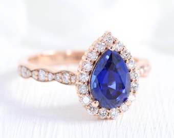 2.3 Carat Pear Sapphire Ring 14k Rose Gold Halo Diamond Blue Sapphire Engagement Ring September Birthstone Ring In Stock Ring (Resizable)