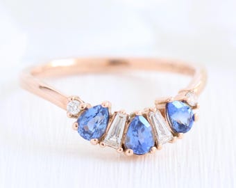 Pear Sapphire and Baguette Diamond Ring in 14k Rose Gold Curved Wedding Band, Natural Aqua Sapphire Diamond Contour Ring