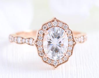 1.82 Ct. Oval Moissanite Diamond Ring Gold Vintage Floral Moissanite Engagement Ring Halo Diamond Ring Rose Gold, White Gold, Platinum
