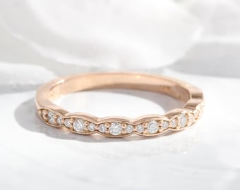 Natural Diamond Wedding Ring in Solid Rose Gold Scalloped Band