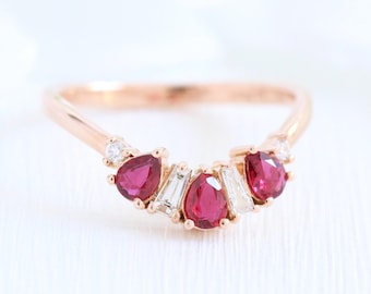 Pear Ruby and Baguette Diamond Ring in 14k Rose Gold Curved Wedding Band, Natural Ruby and Diamond Contour Ring