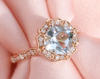 Large Aquamarine Engagement Ring: 14k Rose Gold Halo Diamond Vintage Floral Ring