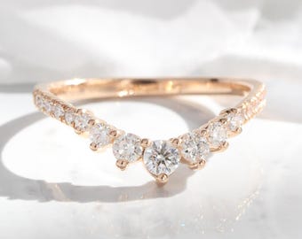 Curved Diamond Pave Ring in 14k Rose Gold Contour Wedding Band, U Shaped Ring with Diamonds, Natural Diamond Wedding Ring