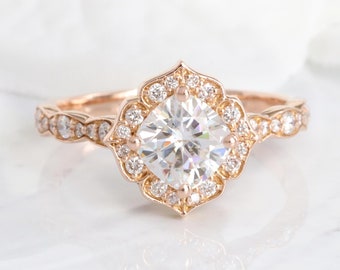 Cushion Moissanite Diamond Engagement Ring 14k Rose Gold Mini Vintage Floral Ring Scalloped Diamond Wedding Band