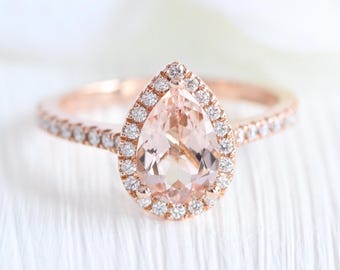 Natural Pear Morganite Diamond Pave Ring in 14k Rose Gold Halo Diamond Morganite Engagement Ring Peach Morganite Wedding Ring (Resizable)
