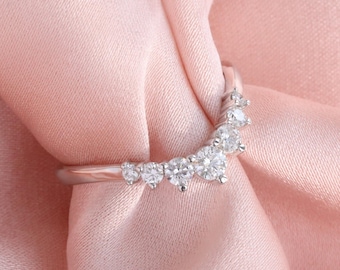 Curved Diamond Ring in 14k White Gold Contour Wedding Band, U Shaped Ring with Diamonds, Natural Diamond Wedding Ring
