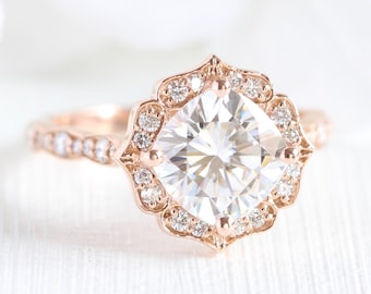 Forever One Moissanite Engagement Ring in 14k Rose Gold Vintage Floral Scalloped Diamond Wedding Band 8x8mm Cushion Moissanite Gemstone Ring