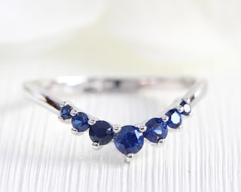 Natural Blue Sapphire Curved Band in 14k White Gold Contour Wedding Ring, Round Sapphire Ring, September Birthstone Ring In Stock