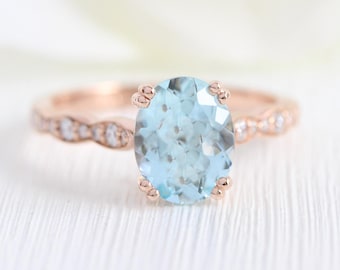 1.8 Ct. Natural Aquamarine Engagement Ring 14k Rose Gold Oval Aquamarine Solitaire Ring March Birthstone Ring In Stock Ring (Resizable)