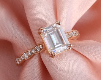 Emerald Cut Moissanite Ring in 14k Rose Gold Scalloped Diamond Band, Moissanite Diamond Engagement Ring, Certified Moissanite Solitaire Ring