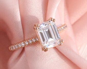 Emerald Cut Moissanite Ring in 14k Rose Gold Pave Diamond Band, Moissanite Diamond Engagement Ring, Certified Moissanite Solitaire Ring
