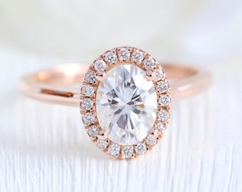 Certified Oval Moissanite Diamond Ring 14k Rose Gold Halo Diamond Moissanite Engagement Ring Oval Engagement Ring In Stock (Resizable)
