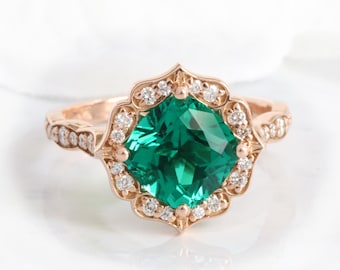 2.50 Ct. Large Cushion Emerald Engagement Ring Gold Vintage Floral Halo Diamond Emerald Ring Unique Green Emerald Wedding Ring