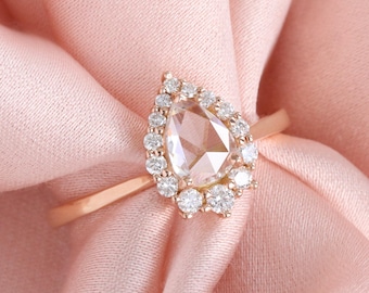 Rose Cut Natural Diamond Engagement Ring 14k Rose Gold Halo Diamond Ring Pear Diamond Cluster Ring Ready to Ship (Resizable)