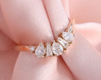 Pear Diamond and Baguette Ring in 14k Rose Gold Curved Wedding Band, Natural Diamond Contour Wedding Ring, U Shaped Ring