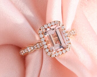 1.86 Carat Natural Morganite Engagement Ring in 14k Rose Gold Halo Diamond Peach Morganite Ring Emerald Cut Morganite Ring (Resizable)