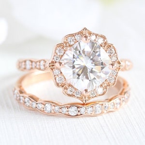 Forever One Moissanite Engagement Ring and Scalloped Diamond Wedding Band Bridal Set in 14k Rose Gold 8x8mm Cushion Moissanite Gemstone Ring image 1