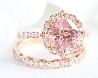 Bridal Set Vintage Floral Champagne Peach Sapphire Engagement Ring and Scalloped Diamond Wedding Band 14k Rose Gold 8x8mm Cultured Sapphire