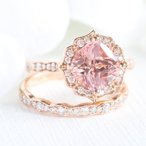 Bridal Set Vintage Floral Champagne Peach Sapphire Engagement Ring and Scalloped Diamond Wedding Band 14k Rose Gold 8x8mm Cultured Sapphire