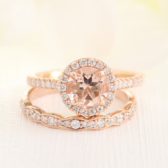 Morganite Wedding Ring Set Rose Gold Halo Engagement Ring and | Etsy