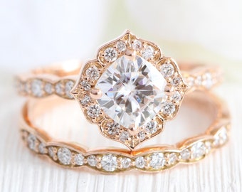 Cushion Moissanite Diamond Ring Set and Scalloped Diamond Wedding Band Bridal Set 14k Rose Gold Vintage Style Halo Ring Stack