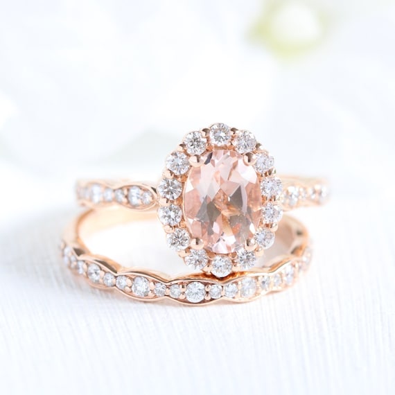 Halo Diamond Morganite Wedding Ring Set in 14k Rose Gold - Etsy