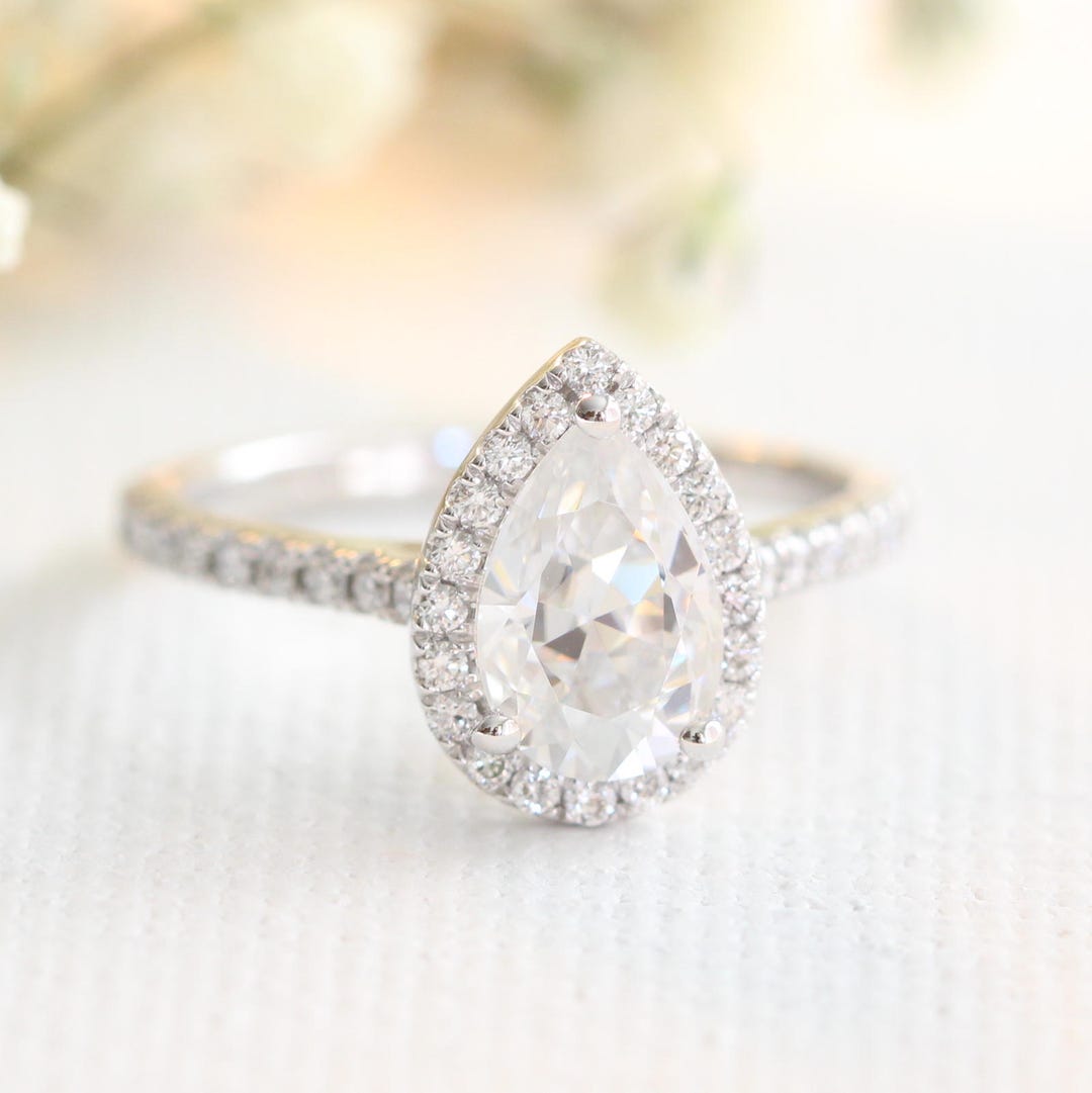 Pear Moissanite Engagement Ring in 14k 18k White Gold Halo Etsy