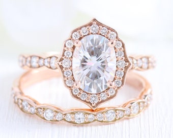 Forever One Moissanite Engagement Ring and 14k Rose Gold Scalloped Diamond Wedding Band Vintage Floral Bridal Ring Set 8x6mm Oval Cut Gem