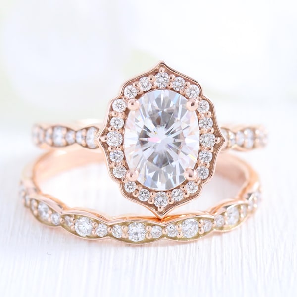 Forever One Moissanite Engagement Ring and 14k Rose Gold Scalloped Diamond Wedding Band Vintage Floral Bridal Ring Set 8x6mm Oval Cut Gem