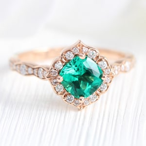 Cushion Emerald Engagement Ring 14k Rose Gold Mini Vintage Floral Diamond Ring Scalloped Diamond Wedding Band May Birthstone Ring