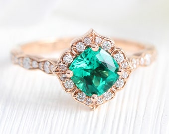 Cushion Emerald Engagement Ring 14k Rose Gold Mini Vintage Floral Diamond Ring Scalloped Diamond Wedding Band May Birthstone Ring