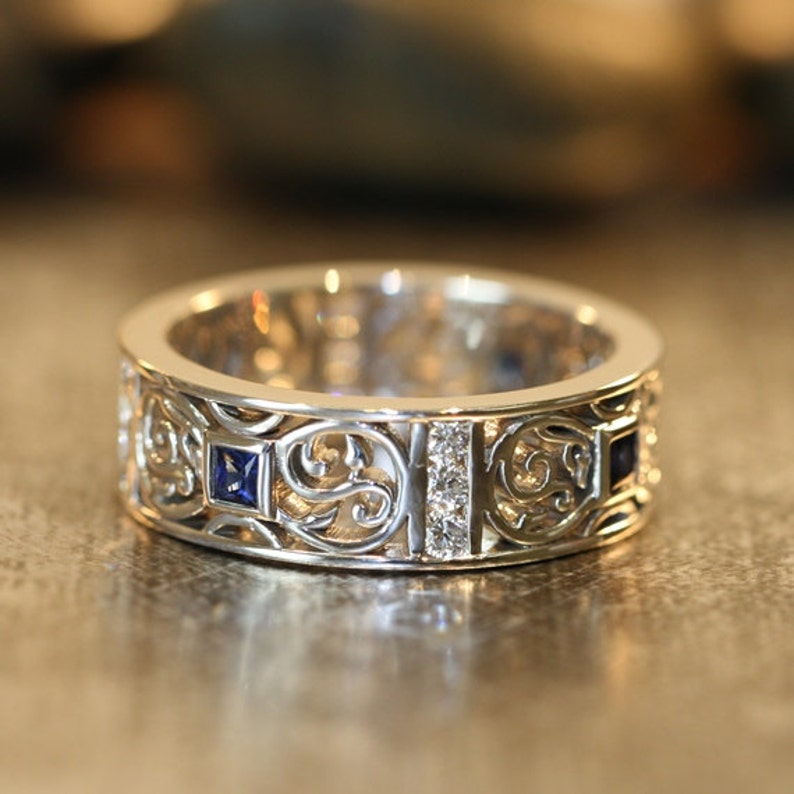 Celtic Wedding Band Princess Cut Sapphire and Diamond