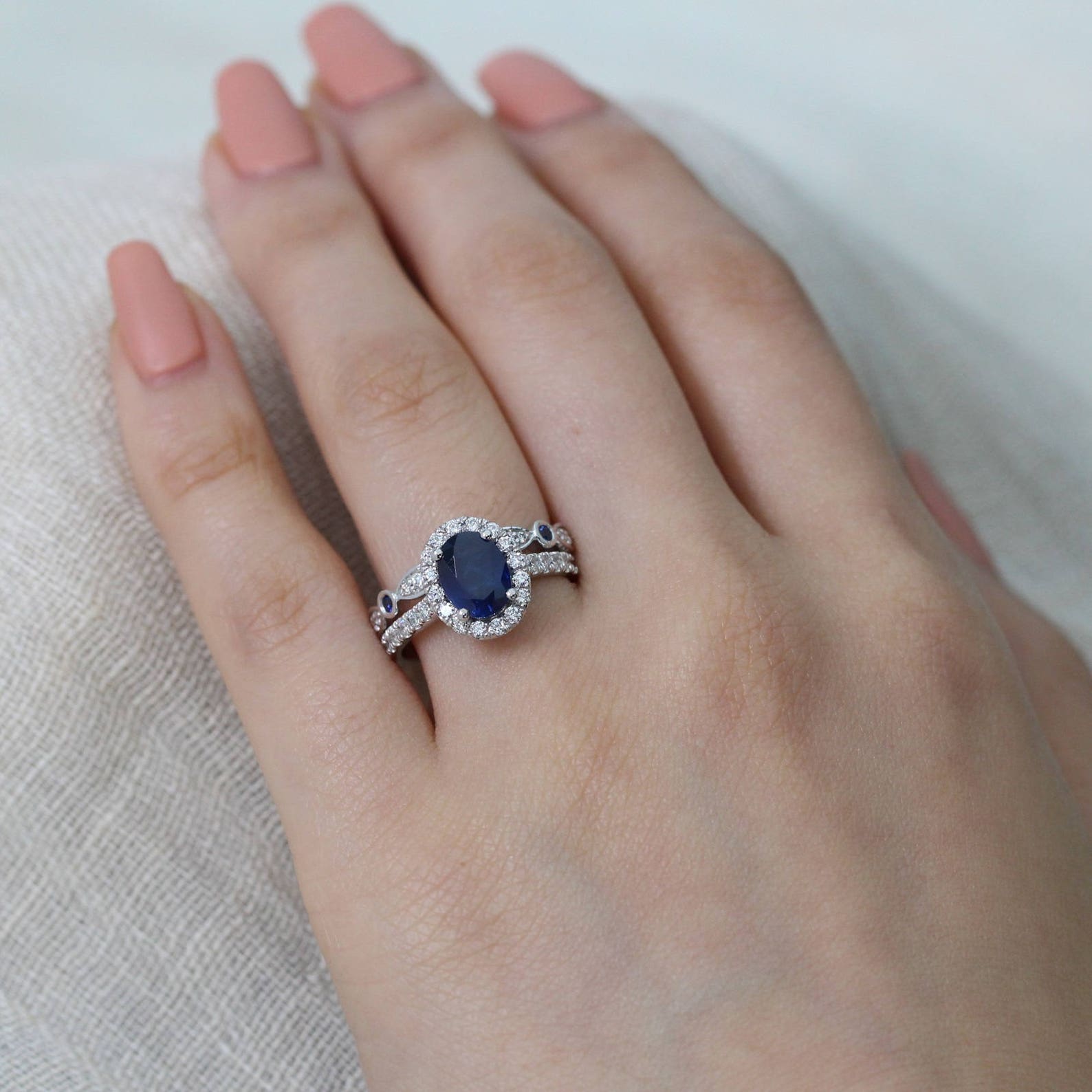 Blue Sapphire Engagement Ring and Bezel Scalloped Diamond Etsy