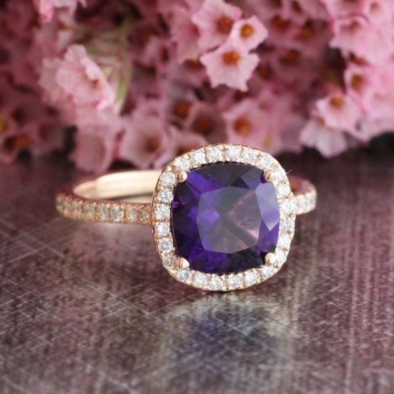 Items similar to Halo Diamond Amethyst Engagement Ring in 14k Rose Gold ...