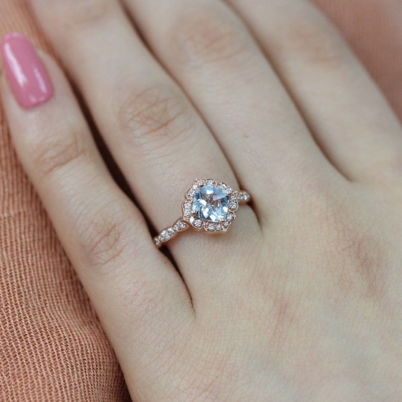 Natural Aquamarine Ring Set and Scalloped Diamond Wedding Band Bridal Set 14k Rose Gold Vintage Style Halo Aquamarine Ring Stack image 8