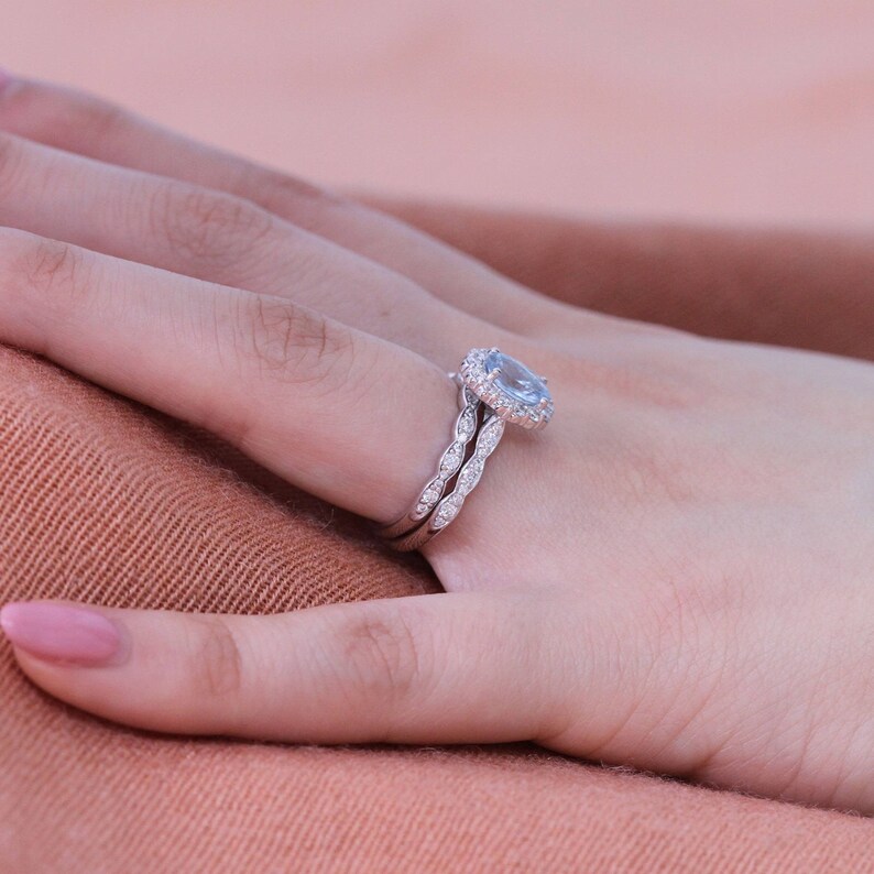 Halo Diamond Aquamarine Wedding Ring Set in 14k Rose Gold Etsy