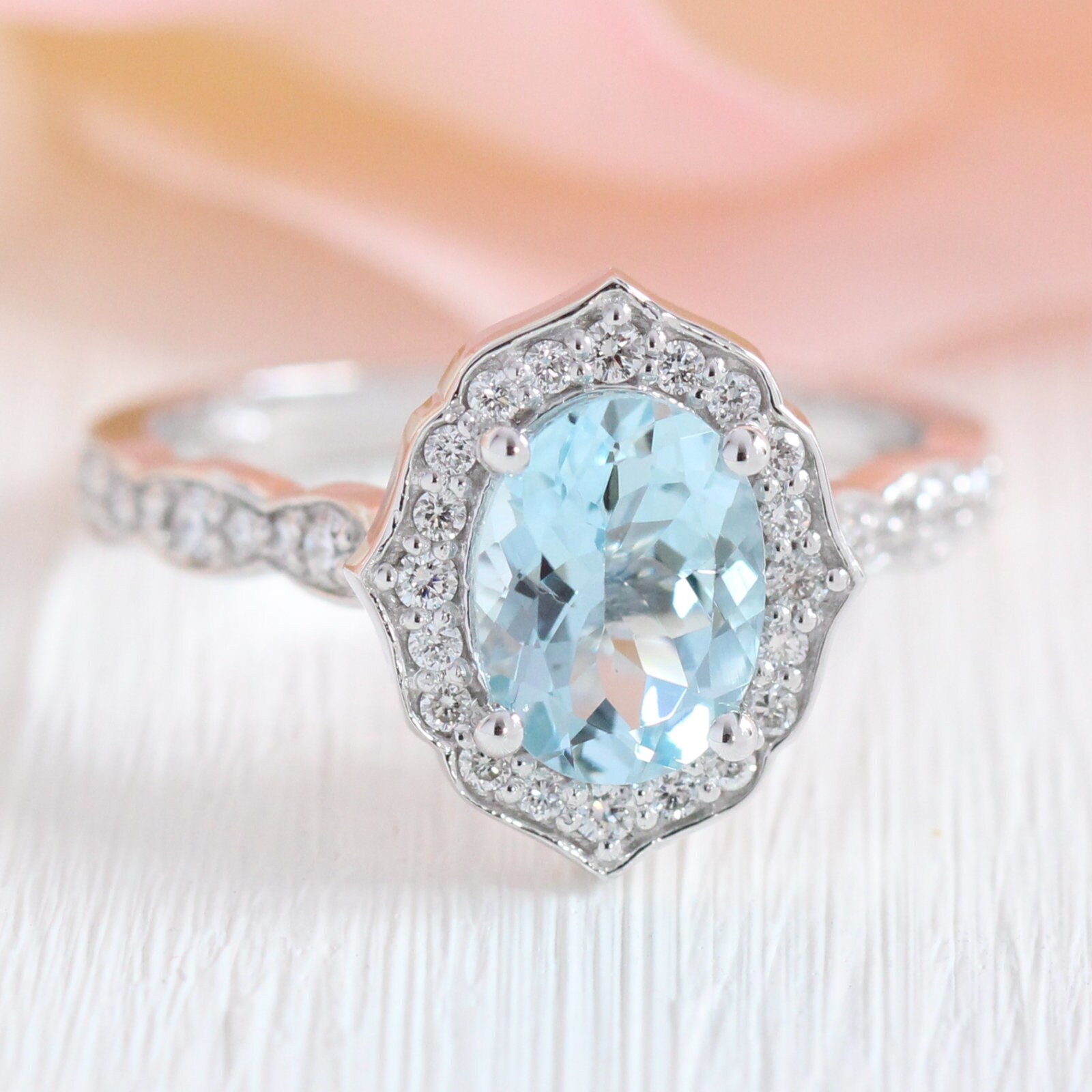 Vintage Floral Oval Aquamarine Engagement Ring in 14k Rose Gold Scalloped Diamond Wedding Band 8x6mm Oval Cut Gemstone Anniversary Ring Etsy