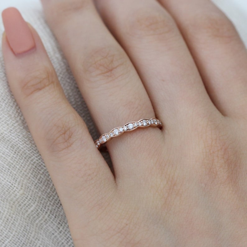 Natural Aquamarine Ring Set and Scalloped Diamond Wedding Band Bridal Set 14k Rose Gold Vintage Style Halo Aquamarine Ring Stack image 10