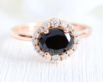 1.78 Ct Natural Oval Black Diamond Engagement Ring 14k Rose Gold Black Diamond Halo Ring East West Cluster Diamond Ring (Resizable)