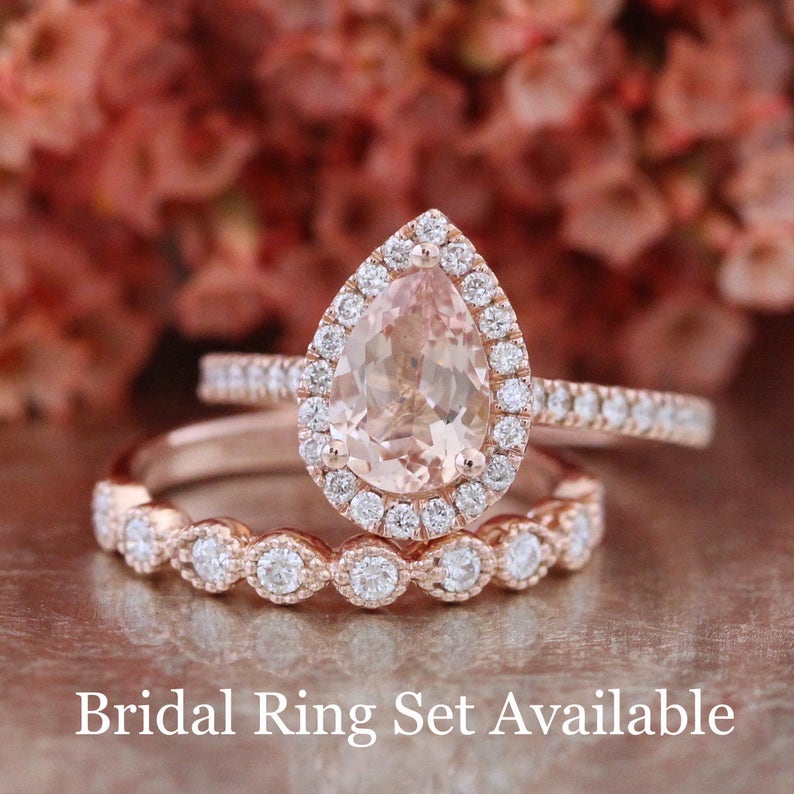 Pear Morganite Engagement Ring in 14k Rose Gold Halo Diamond Ring 9x6mm Pink Peach Morganite Ring Set in Pave Diamond Half Eternity Band image 7