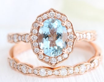 Bridal Set Vintage Floral Oval Aquamarine Engagement Ring and Scalloped Diamond Wedding Band 14k Rose Gold 8x6mm Oval Cut Anniversary Ring